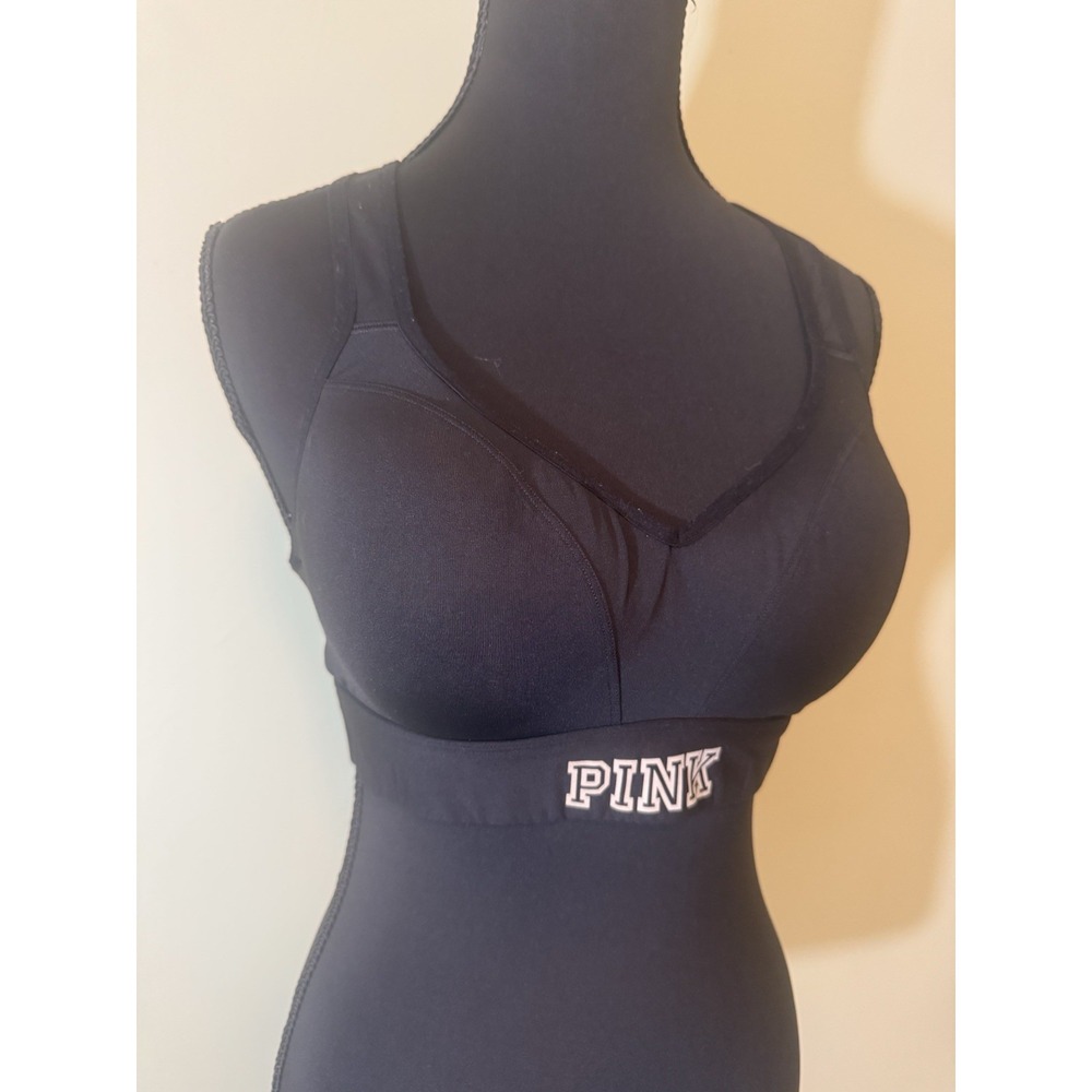 Victoria's Secret PINK Ultimate Sports Bra Black Mesh Straps Pink Logo Size M